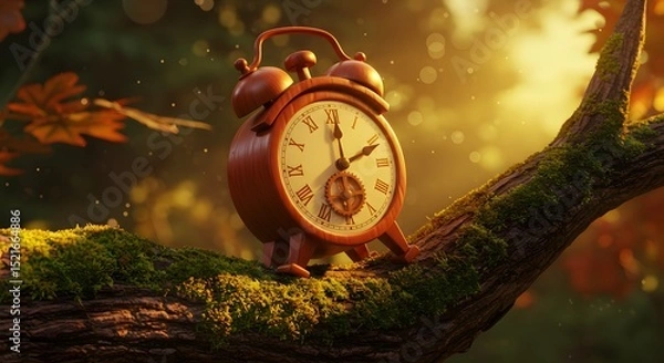 Fototapeta Clock on Mossy Branch in Forest, Telling Time in Nature