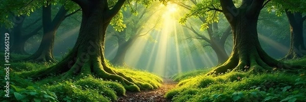 Fototapeta Sun-dappled forest floor, lush green moss, ancient trees, dappled light filtering through leaves Perfect for fantasy, nature, or fairytale themes , woodland, ecosystem