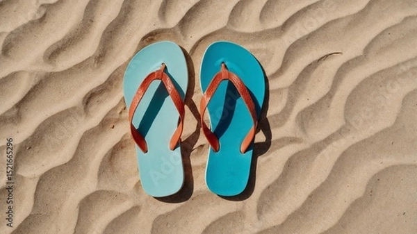 Obraz Vibrant Blue Flip Flops Resting on a Sandy Beach with a Warm Sunset Glow