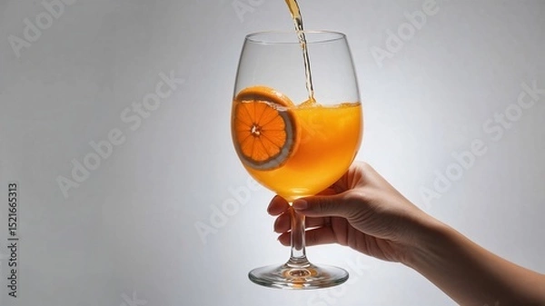 Obraz Refreshing Orange Juice Pouring into a Clear Glass Held by a Hand on a White Background