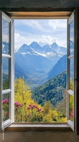 Obraz Breathtaking view of majestic mountains framed by an open window, showcasing vibrant greenery and colorful flowers in a serene landscape. Ideal for nature lovers.