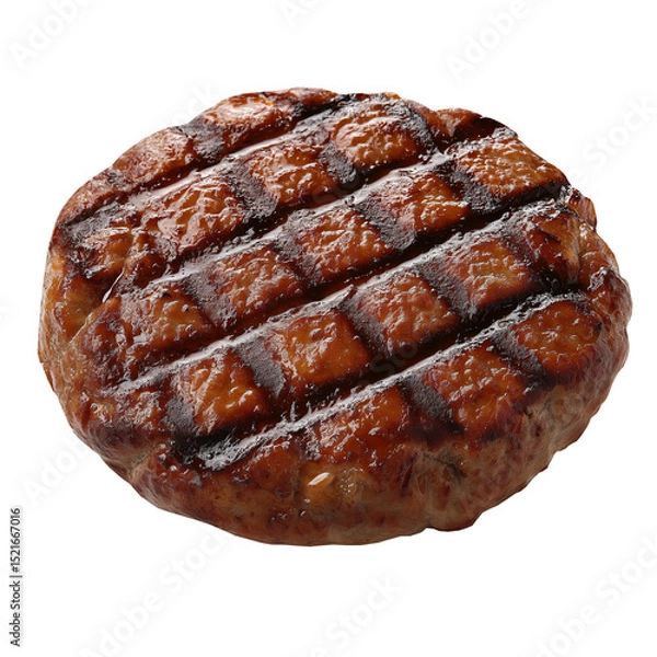 Fototapeta Closeup of a juicy grilled beef patty with rich texture and flavor. Perfect for burger, BBQ, and food themes. Isolated on a transparent or white background.
