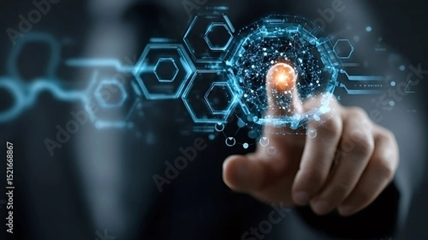 Obraz Businessman interacting with a futuristic digital display of hexagonal icons and glowing network connections, symbolizing innovation and management in a digital era