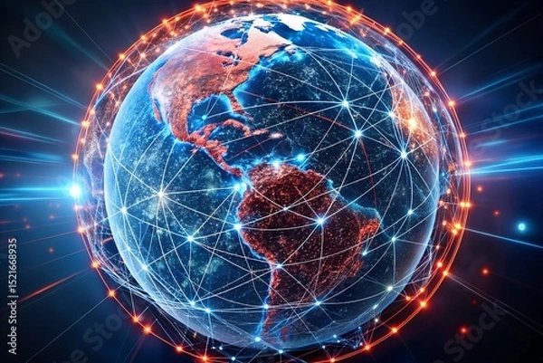 Fototapeta 3D Digital Earth Globe with Nmap Scan Network Visualization – 8K Render