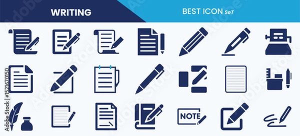 Fototapeta Best Writing Icon Set Collection. Script, drawing, document, stationery, editing, composition, note and vector illustration.