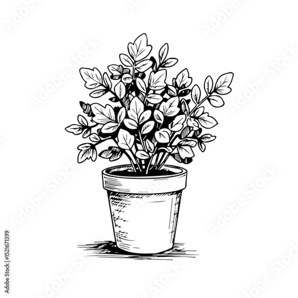 Fototapeta Potted plant illustration. Simple hand drawn image of potted herbs in terracotta pot. Detailed drawing of small plant in ceramic container.
