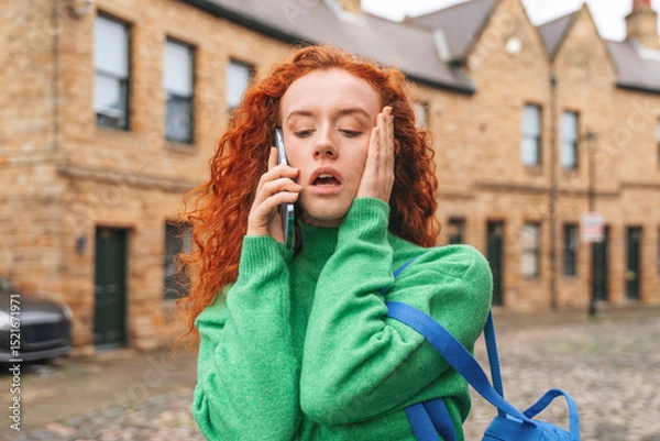 Obraz Red-haired woman standing on a cobblestone street talking on her phone while showing signs of distress in a historic neighborhood