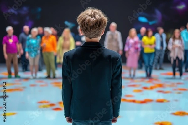 Fototapeta The boy in the center of the interactive stage stands with his back to us, dressed in business clothes, and looks at the people of different age groups standing around him on both sides.