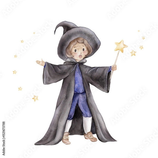 Fototapeta Cute wizard in a black hat and cloak with a magic wand with stars, perfect for Halloween. Hand drawn fantasy illustration of a charming magical character for kids' design, whimsical and enchanting.