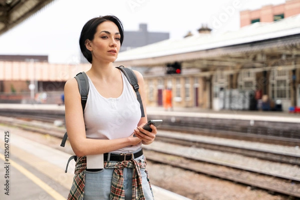Obraz Woman waiting at railway station with smartphone during cloudy day in urban environment
