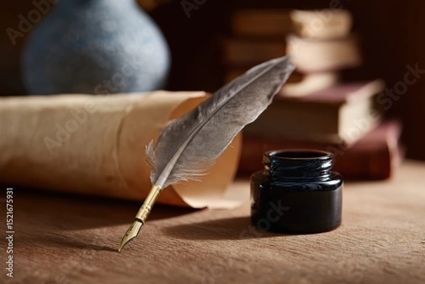 Fototapeta Classic feather quill, ink pot and parchment scroll on antique desk surrounded by old books