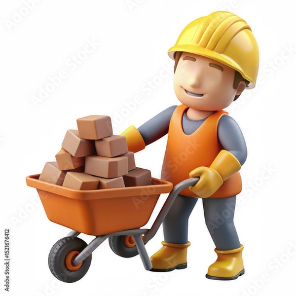 Fototapeta 3d cartoon construction worker with wheelbarrow isolated on transparent background