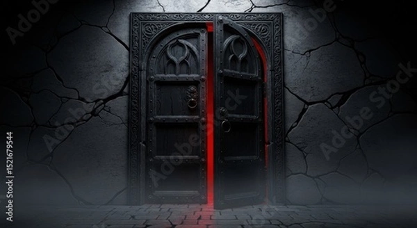 Obraz Mysterious ancient black door cracked open with glowing red light in dark stone wall