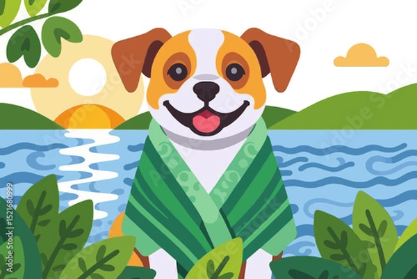 Fototapeta Cute Dog Illustration with Towel - Smiling Pup Near Lake at Sunset - Happy Cartoon Animal Vector Art for Kids- Friendly Canine Drawing