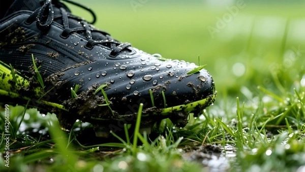 Fototapeta Photo of Close-up of a muddy black soccer cleat with water droplets on green grass, showcasing the aftermath of a game