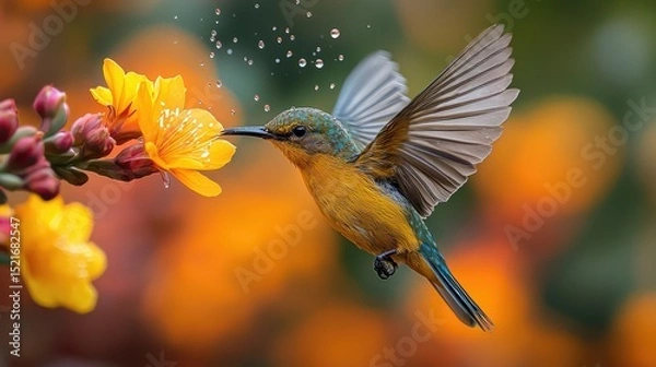 Obraz A hummingbird hovers near bright yellow flowers.