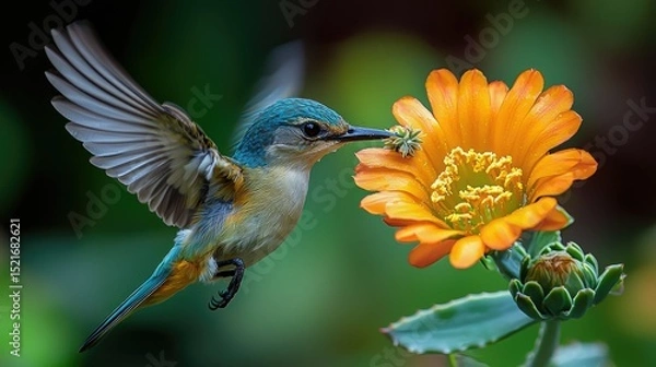 Obraz A vibrant hummingbird hovers near a vibrant orange flower.