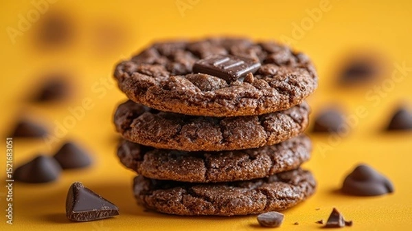 Obraz Stack of chocolate chip cookies on a yellow surface.