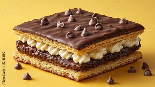 Obraz Chocolate layered cake with whipped cream and chocolate chips.