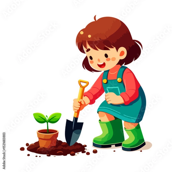 Fototapeta A Happy Girl Planting a Seedling: Embracing Nature and Growth