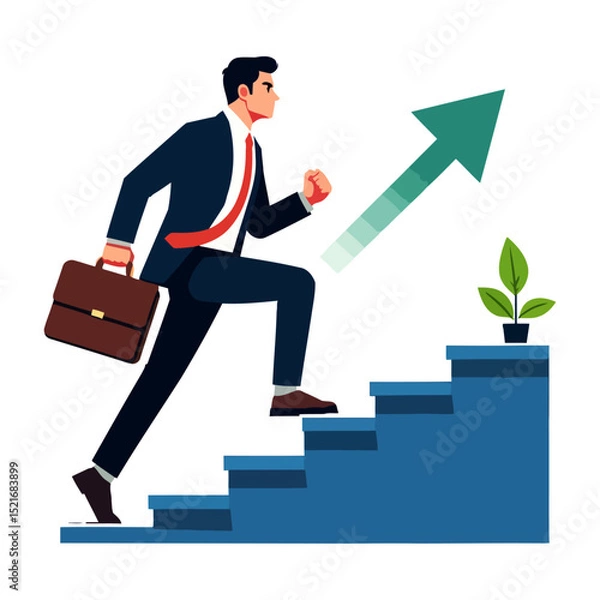 Fototapeta Ambitious Businessman Climbing Stairs to Success: Career Growth, Achievement, and Progress