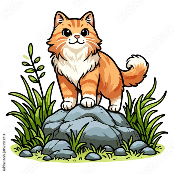 Fototapeta Adorable Orange Cat Sitting on a Rock in a Lush Green Grassy Landscape