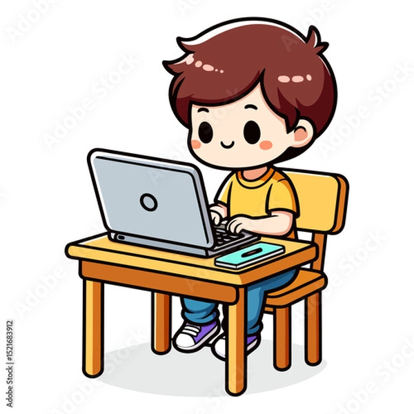 Fototapeta Adorable Boy Using Laptop: Education, Technology, and Learning Concept