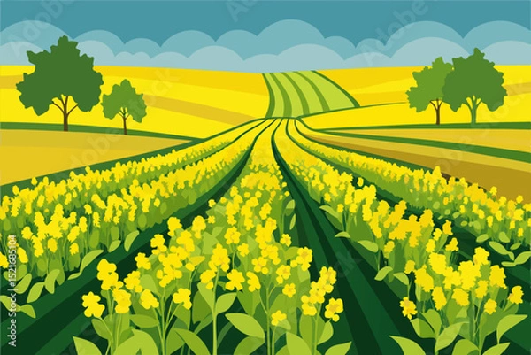 Fototapeta Vibrant Yellow Field with Green Rows picturesque illustration field blooming yellow flowers likely rapeseed rows dark green earth Trees stand sentinel the horizon field flowers