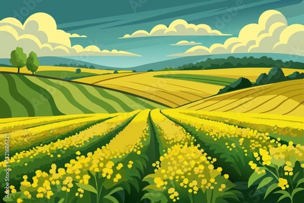 Fototapeta Summer Landscape of Yellow Mustard Fields and Rolling Hills Vibrant illustration rural landscape with hills fields yellow mustard green crops landscape rural field hills mustard