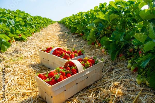 Fototapeta Strawberries in baskets are placed on straw-covered soil between lush green rows of plants, showcasing a bountiful harvest in a farm field. Ideal image for agriculture and fruit themes