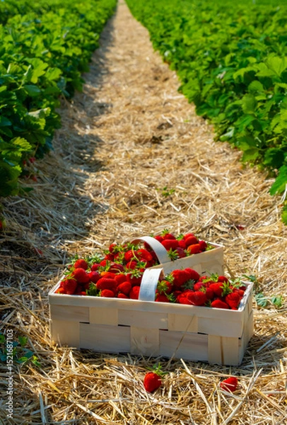 Fototapeta Strawberries in baskets are placed on straw-covered soil between lush green rows of plants, showcasing a bountiful harvest in a farm field. Ideal image for agriculture and fruit themes