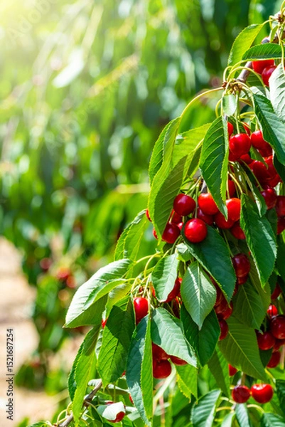 Fototapeta Lush, ripe cherries hang from a branch in a vibrant orchard. The sunlit setting highlights the rich red color of the cherries against the green foliage, capturing the essence of harvest season