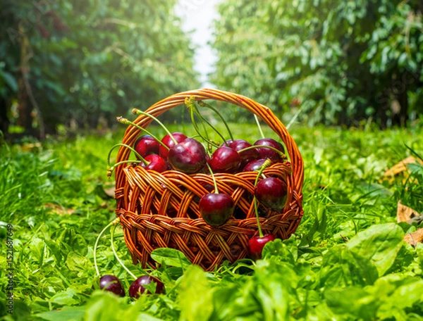 Fototapeta Ripe cherries overflow from a woven basket set in a vibrant orchard. The green foliage and the vivid red cherries create a striking contrast, highlighting the harvest's abundance