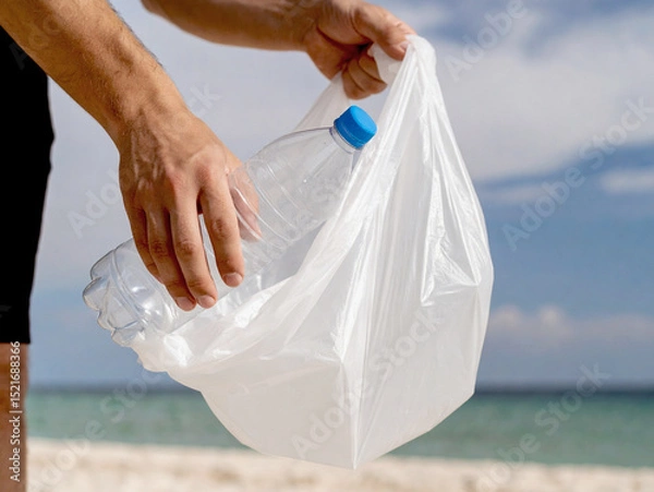 Obraz On the beach, a man holds a plastic bag into which he is collecting plastic bottles from the shore, and around him are sand and waves. World Environment Day.