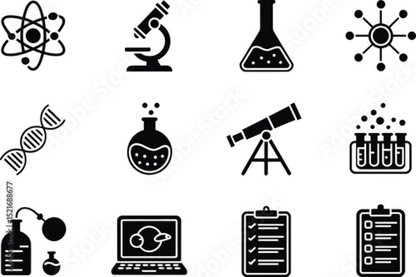 Fototapeta A collection of scientific icons including atom, microscope, dna, and laboratory equipment in black