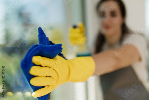 Obraz Woman cleaning a window with a cloth and spray cleaner while wearing rubber gloves on a sunny day