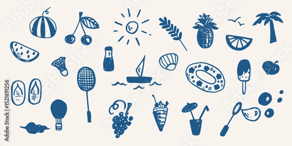 Fototapeta Set of summer elements in doodle style in vector.