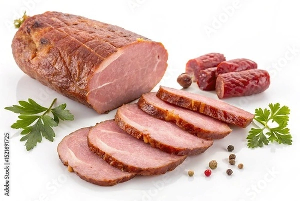 Fototapeta Slices of smoked ham or sausage isolated on white background