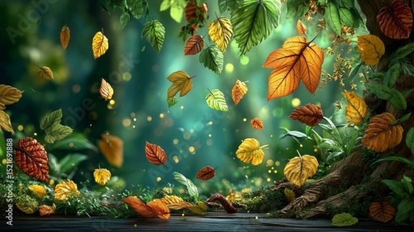 Fototapeta Autumn Leaves in Forest with Sunlight