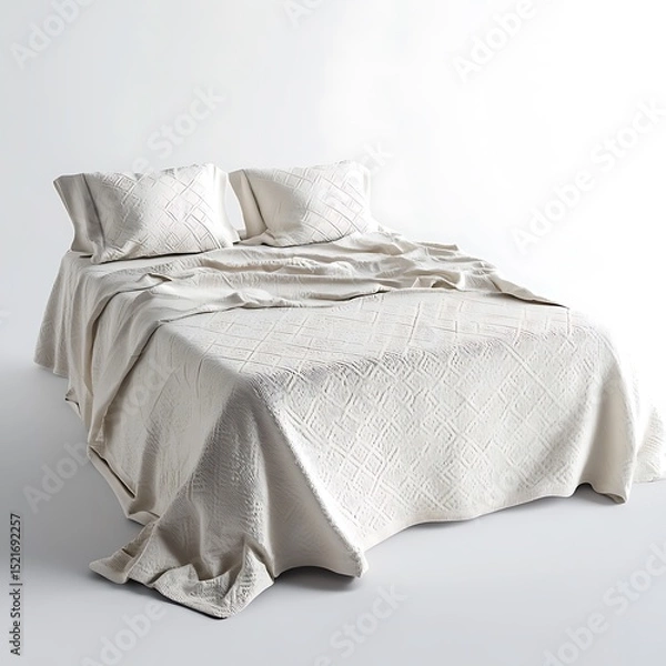 Fototapeta Comfortable bed adorned with textured cover and pillows for peaceful rest.