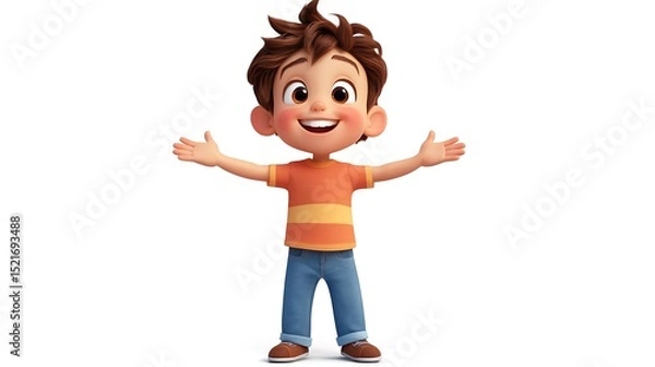 Fototapeta Joyful cartoon boy with open arms, ready for a hug, against white background.