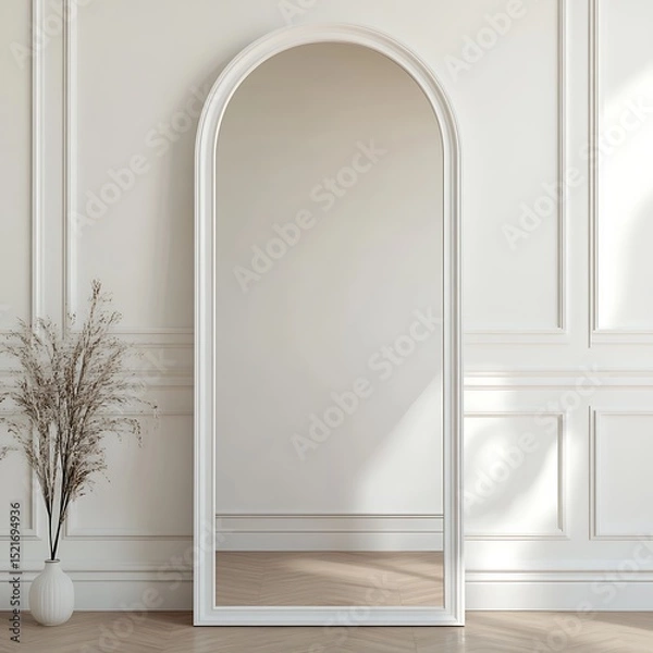 Obraz Elegant arch mirror reflecting a pristine interior space and herringbone floor