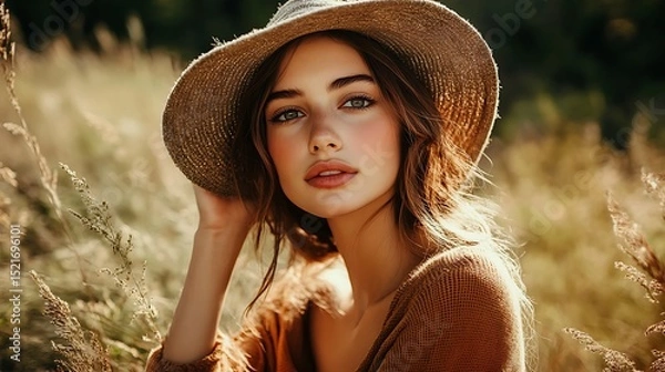 Fototapeta Portrait of a woman in a hat on a sunny day in a grassy field.