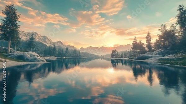 Fototapeta Scenic Lake Landscape with Mountain Backdrop and a Colorful Sky at Sunset