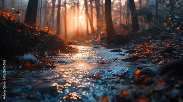 Fototapeta Sunlit stream flowing through autumn forest, casting a golden glow on nature.