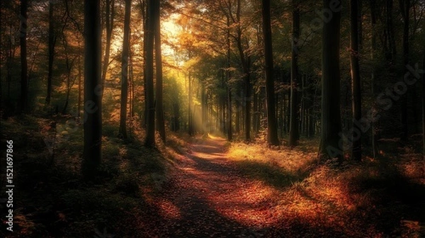 Fototapeta Sunlit path through a dense forest, casting golden rays on fallen leaves.