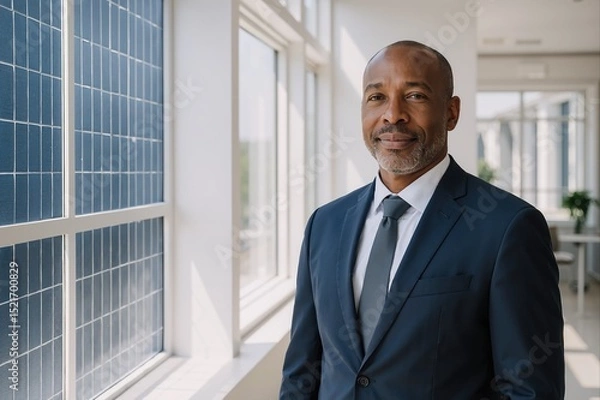 Obraz confident african man in suit standing near large  windows with solar panels reflecting on modern office background promoting renewable energy awareness