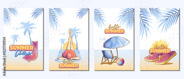Fototapeta set of summer holiday  banners in blue tones, with handwritten text, a drawn girl, palm branches and flip-flops