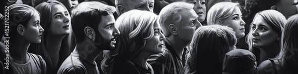 Fototapeta Faces in a grayscale crowd drawing, public interaction captured