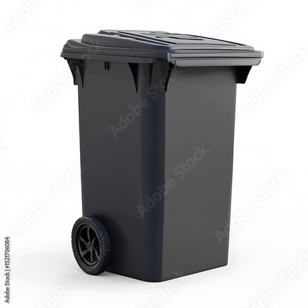Fototapeta Single, dark-colored, wheeled trash receptacle with a lid on white background.